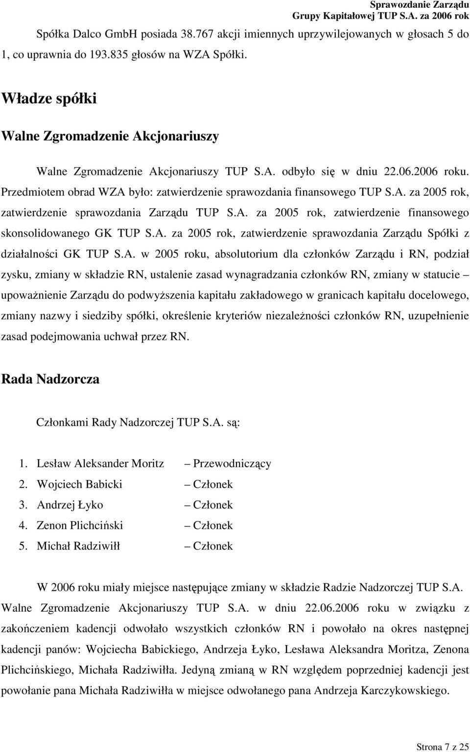 A. za 2005 rok, zatwierdzenie finansowego skonsolidowanego GK TUP S.A. za 2005 rok, zatwierdzenie sprawozdania Zarządu Spółki z działalności GK TUP S.A. w 2005 roku, absolutorium dla członków Zarządu