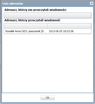 Korzystanie z modułu Wiadomości W folderze Wysłane w sekcji Lista wiadomości można znaleźć informacje, czy konkretna wiadomość została przeczytana i przez których adresatów w tym celu kliknij ikonę w