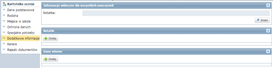 Ewidencja uczniów Karta Specjalne potrzeby Karta ta służy do odnotowywania poufnych informacji, które mają wpływ na sposób traktowania ucznia w szkole.