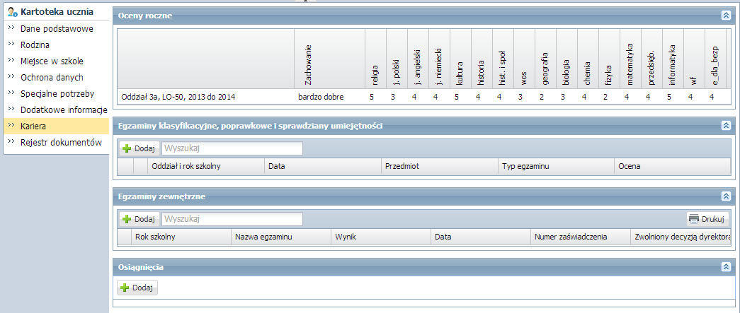 Ewidencja uczniów W sekcji Oceny roczne prezentowane są oceny roczne ucznia w poszczególnych latach nauki.