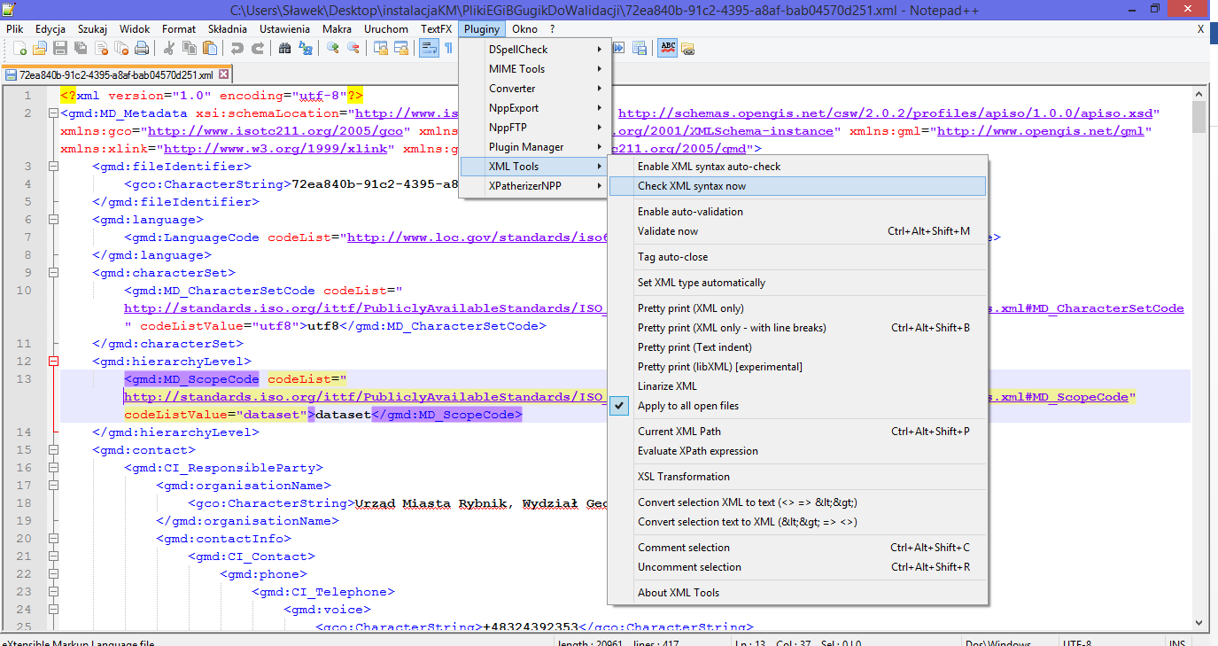 Pliki XML poddawane walidacji, są w pierwszej kolejności badane pod względem poprawności samej formy, zgodnej ze standardem XML.