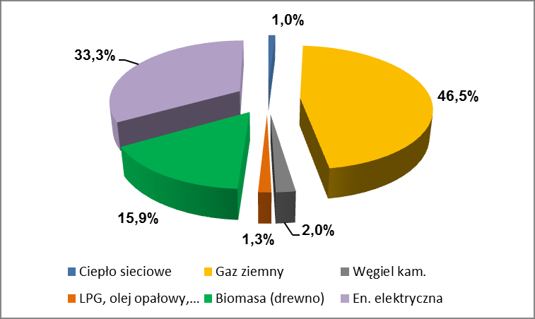 Wg przeprowadzonych obliczeń łączne roczne zużycie energii w budynkach jednorodzinnych wynosi ok. 94 257 MWh, a jego struktura przedstawiona została graficznie na poniższym wykresie.