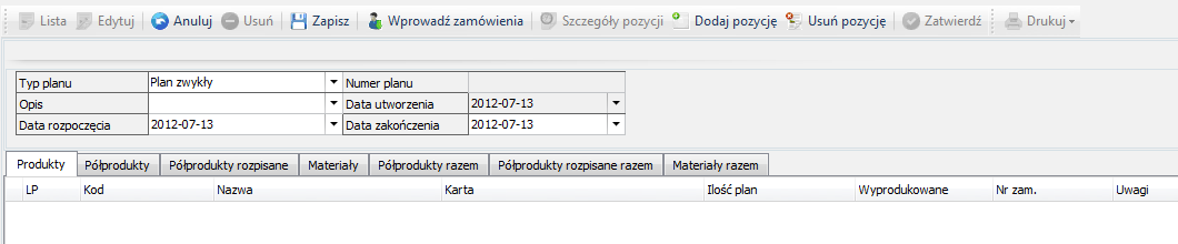 6 13 Lista planów zawiera następujące informacje: datę utworzenia planu, numer planu ewentualny opis, datę rozpoczęcia, status (zatwierdzony lub roboczy), % realizacji.