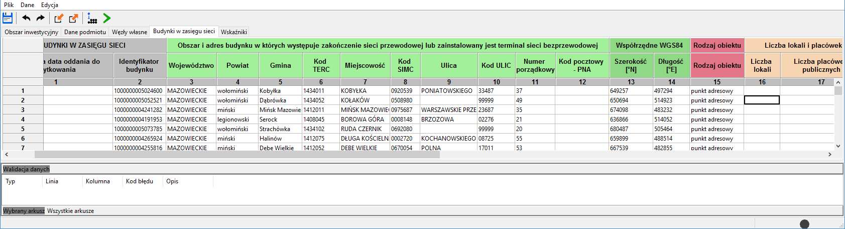 Arkusz ten służy do wprowadzenia danych uzupełniających takich jak Planowana data oddania do użytkowania, Liczba lokali i placówek, Rodzaj obiektu, Medium i Sieć dostępowa, Przepustowość oferowana.