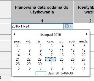 Rys. 17. Pole z datą - kalendarz Zakres informacyjny dla arkusza Węzły własne przedstawiono w Załączniku 1: Rozdział 11.3. 9.