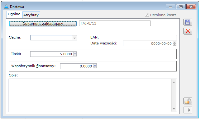 Parametry dostawy: Rys. 1.10 Dostawa. Dokument zakładający wskazuje numer dokumentu źródłowego. Po naciśnięciu przycisku:, zostanie otworzony dokument zakładający dostawę.