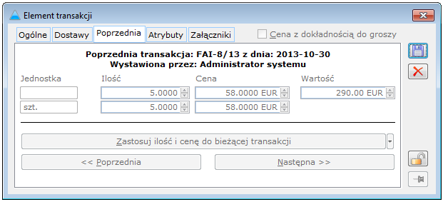 Rys. 1.11 Element transakcji FAI, zakładka: Poprzednia. 1.5.4 Faktura zakupu importowa, zakładka: Kontrahent Na zakładce wyświetlane są szczegóły danych dostawcy, przepisane z karty kontrahenta.