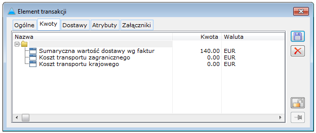 1.11.1.1.2 Zakładka: Kwoty Rys. 1.34 SAD Składu Celnego, Element transakcji, zakładka: Ogólne.