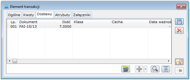 1.12.1.1.3 Zakładka: Dostawy Na zakładce dostępne są przyciski: [Zmień] - otwiera okno dostawy (do podglądu). [Edycja atrybutów] - otwiera okno edycji atrybutów elementu.