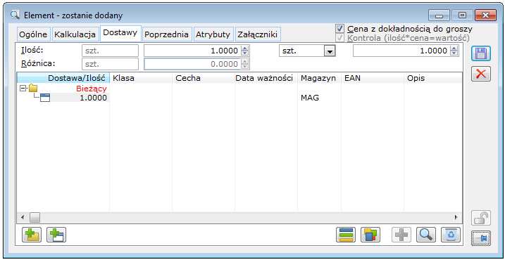 1.13.1.1.3 Zakładka: Dostawy Rys. 1.56 Element transakcji PZI, zakładka: Kalkulacja. Na zakładce wyświetlona jest lista dostaw. Dostawa może być rozbita na wiele dostaw.