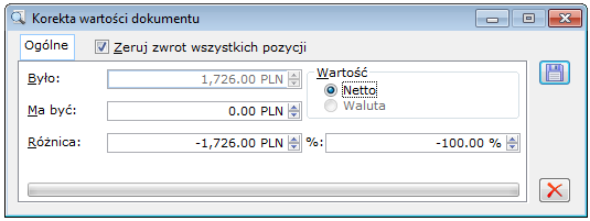 [Zeruj zwrot] - naciśnięcie spowoduje wyzerowanie ilości i wartości zaznaczonych pozycji. Opcja niedostępna dla PKI generowanej z SAD/FWS. 1.14.5.