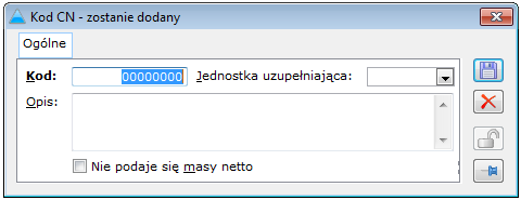 Rys. 1.72 Lista kodów CN. Na liście informacje wyświetlone są w kolumnach: Kod kod CN dla danego towaru. Opis opis towaru. Jed. uzup. jednostka uzupełniająca towaru.