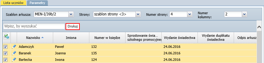 świadectwa ukończenia szkoły? 10/14 4. Przejdź na kartę Parametry i zaznacz opcję Drukowanie zbiorczej kolumny dla klasyfikacji końcowej.