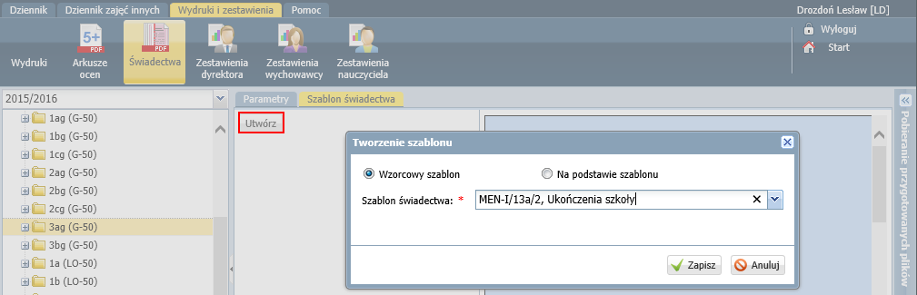 świadectwa ukończenia szkoły? 12/14 4. Obejrzyj szablon świadectwa oddziału. Za pomocą selektora Z wyróżnieniem możesz wybrać szablon świadectwa z wyróżnieniem.