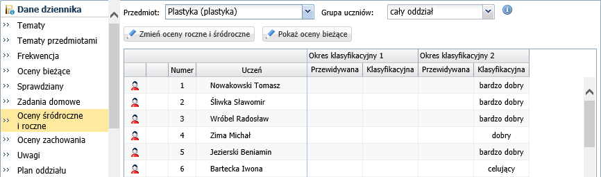 świadectwa ukończenia szkoły? 5/14 W oknie Zmień oceny roczne wprowadź oceny uczniów i kliknij przycisk Zapisz. Postępując analogicznie, wprowadź oceny z pozostałych przedmiotów.