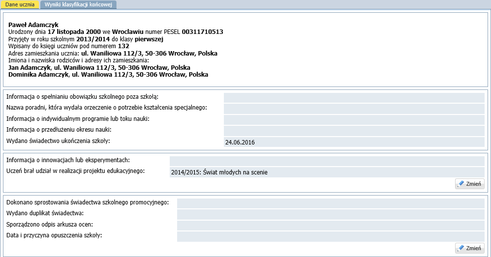 świadectwa ukończenia szkoły? 8/14 Kliknij przycisk Zapisz. 9. Obejrzyj arkusze ocen uczniów. W drzewie danych rozwiń gałąź oddziału i wybierz ucznia.