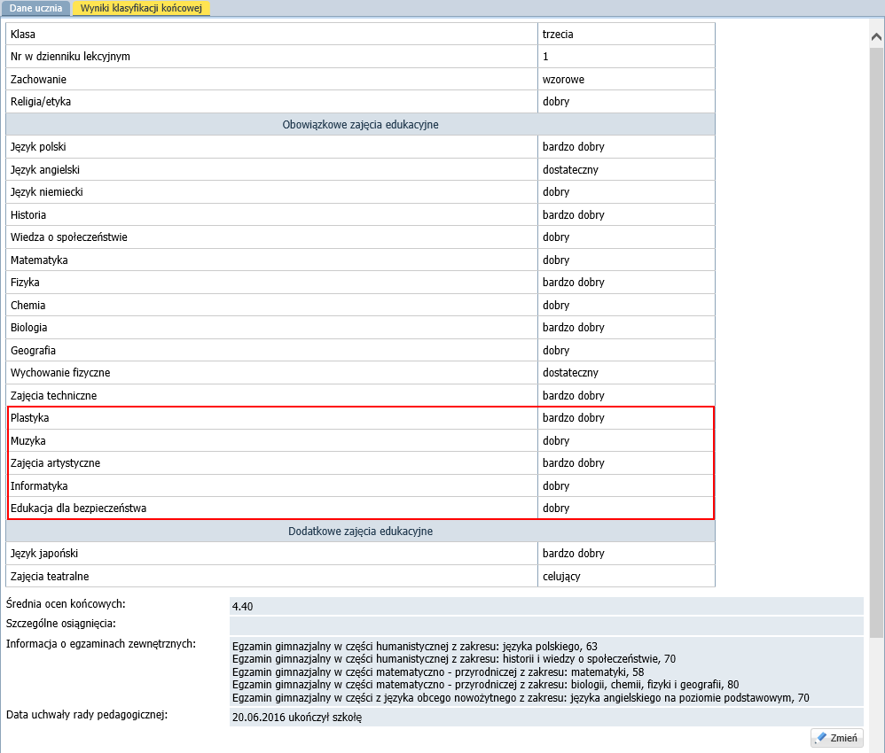 świadectwa ukończenia szkoły? 9/14 Zapoznaj się z zawartością karty Wyniki klasyfikacji końcowej.