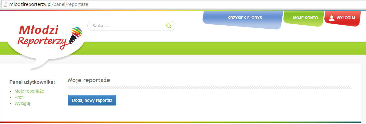 c) Po wejściu na swój profil należy dodać reportaż przez kliknięcie odpowiedniej ikonki dodaj nowy reportaż oraz wypełnienie odpowiednich rubryk i wgranie reportażu.