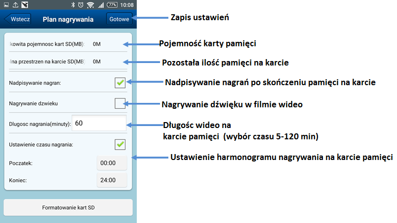 XIV. APLIKACJA Ustawienia Alarmu Możliwość ustawienia powiadomień na telefon po wykryciu ruchu, włączenie syreny.