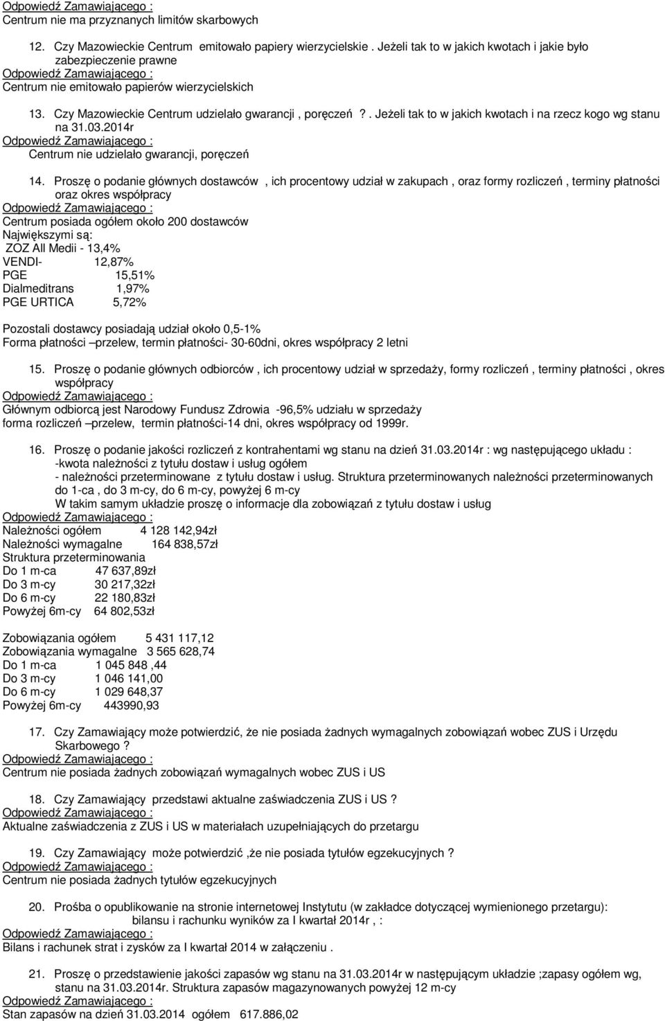 . Jeżeli tak to w jakich kwotach i na rzecz kogo wg stanu na 31.03.2014r Centrum nie udzielało gwarancji, poręczeń 14.