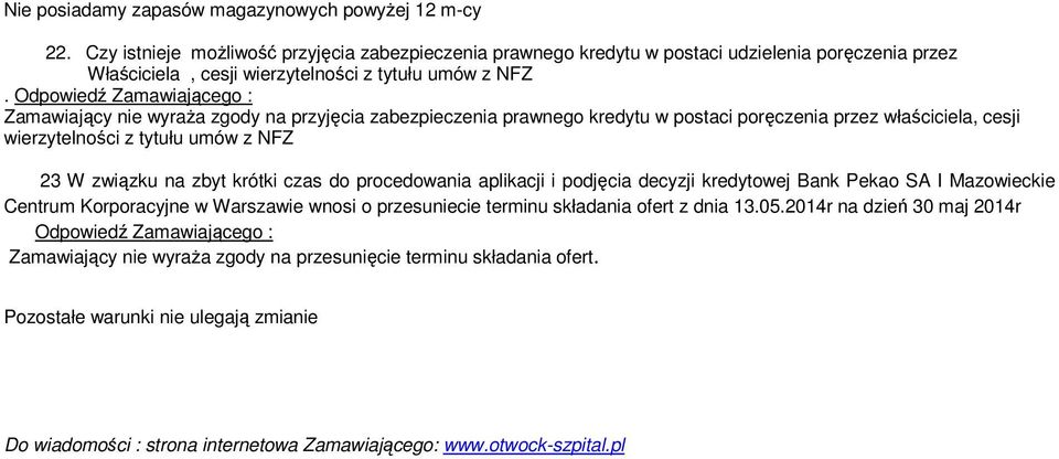 Zamawiający nie wyraża zgody na przyjęcia zabezpieczenia prawnego kredytu w postaci poręczenia przez właściciela, cesji wierzytelności z tytułu umów z NFZ 23 W związku na zbyt krótki czas do