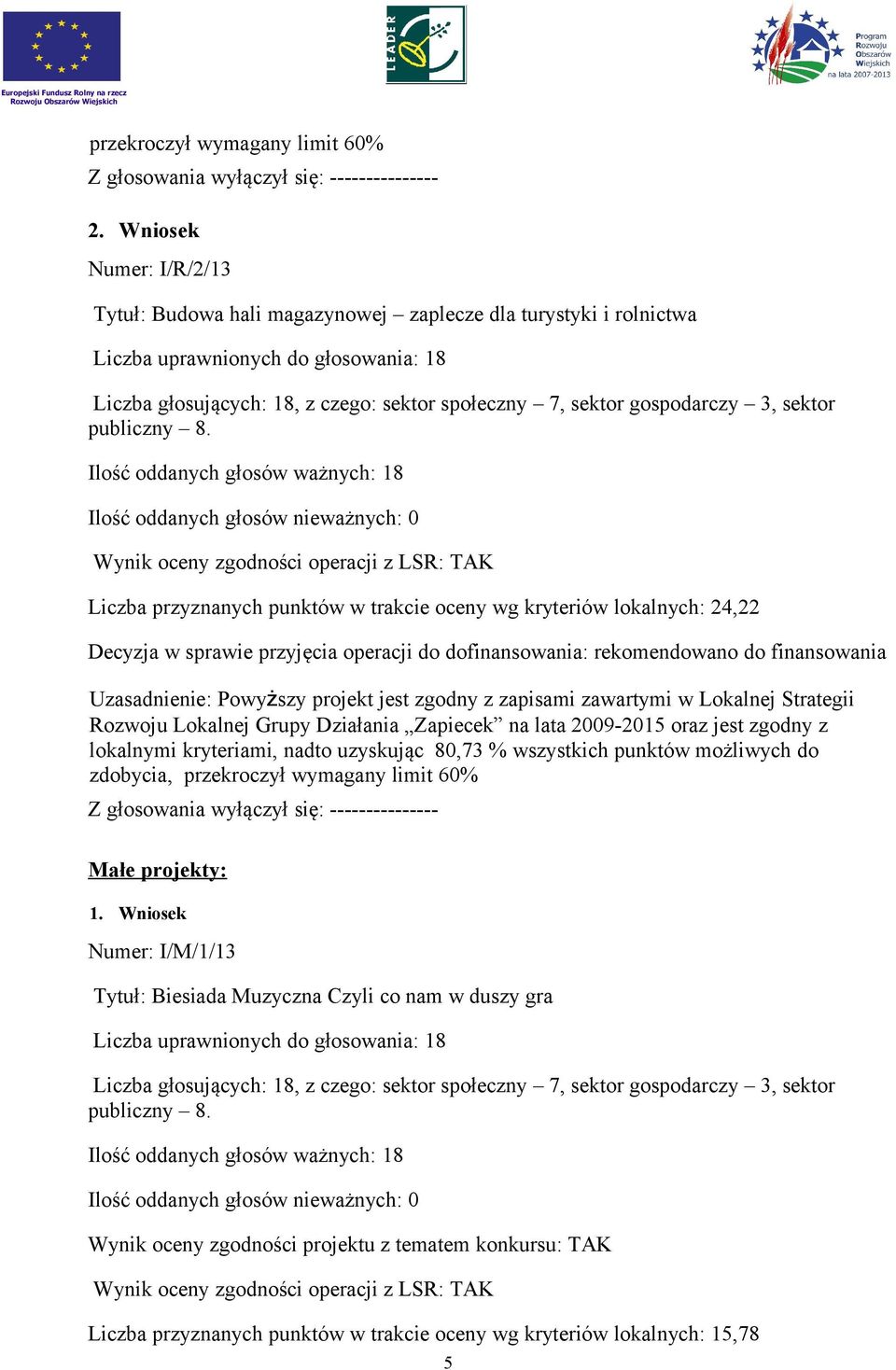 Ilość oddanych głosów ważnych: 18 Liczba przyznanych punktów w trakcie oceny wg kryteriów lokalnych: 24,22 Decyzja w sprawie przyjęcia operacji do do: rekomendowano do lokalnymi kryteriami, nadto