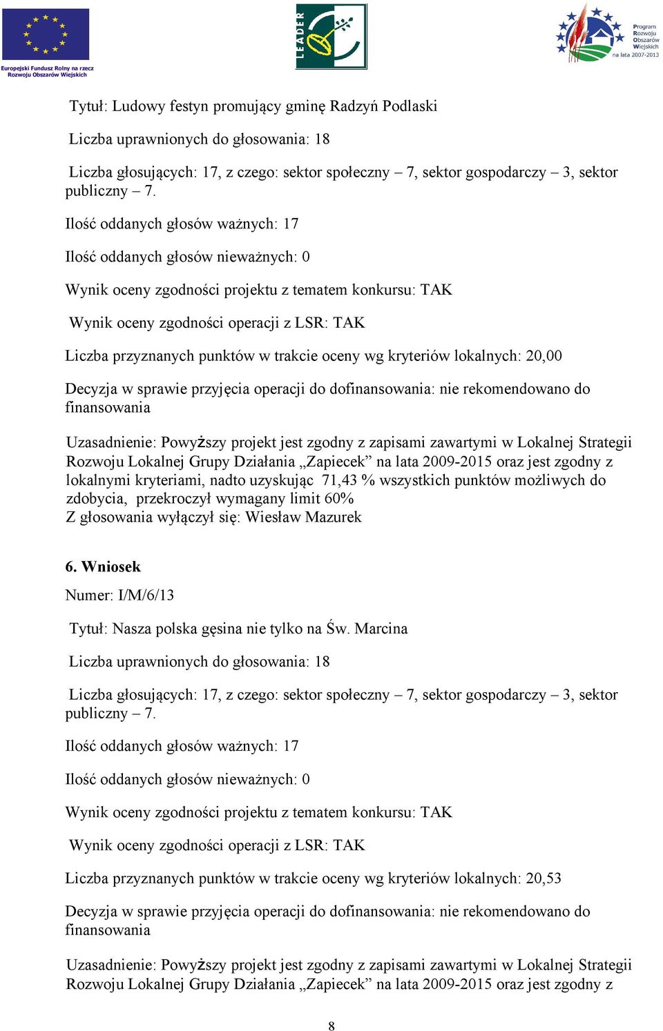 możliwych do Z głosowania wyłączył się: Wiesław Mazurek 6. Wniosek Numer: I/M/6/13 Tytuł: Nasza polska gęsina nie tylko na Św.