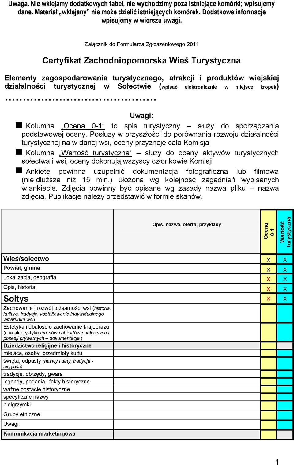 turystycznego, atrakcji i produktów wiejskiej działalności turystycznej w Sołectwie (wpisać elektronicznie w miejsce kropek) : Kolumna Ocena 0-1 to spis turystyczny służy do sporządzenia podstawowej