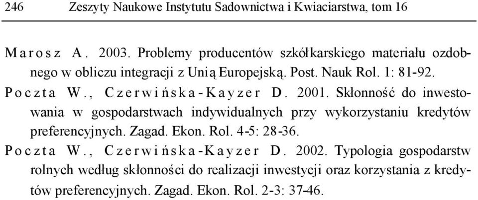 , C z e r w i ńs k a - K a y z e r D. 2001. Skłonnośćdo inwestowania w gospodarstwach indywidualnych przy wykorzystaniu kredytów preferencyjnych.