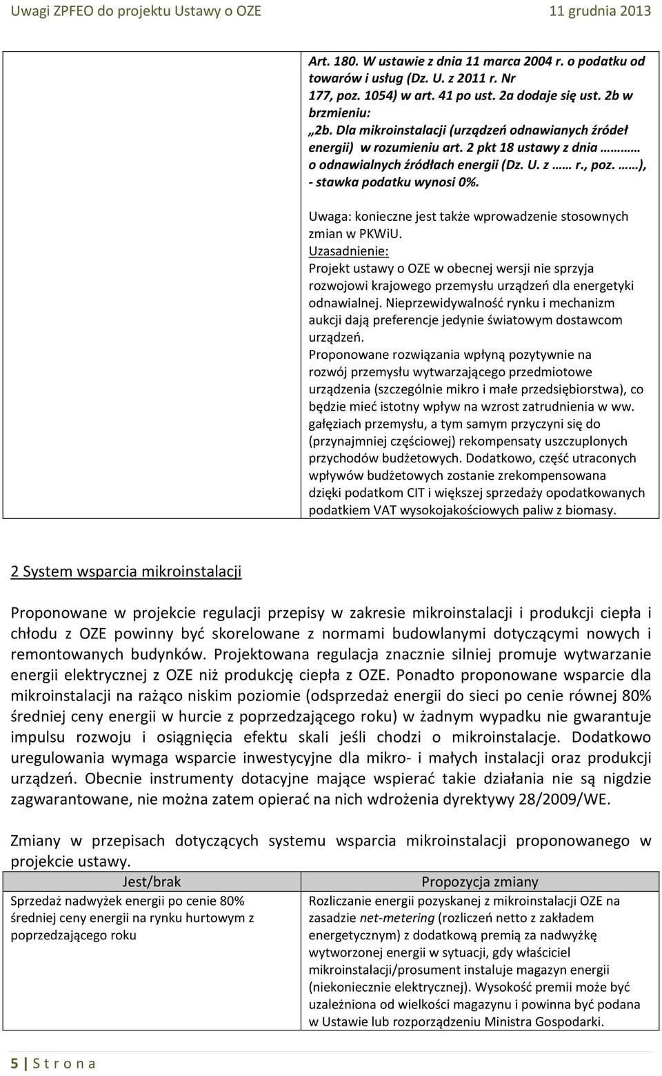 Uwaga: konieczne jest także wprowadzenie stosownych zmian w PKWiU. Uzasadnienie: Projekt ustawy o OZE w obecnej wersji nie sprzyja rozwojowi krajowego przemysłu urządzeń dla energetyki odnawialnej.