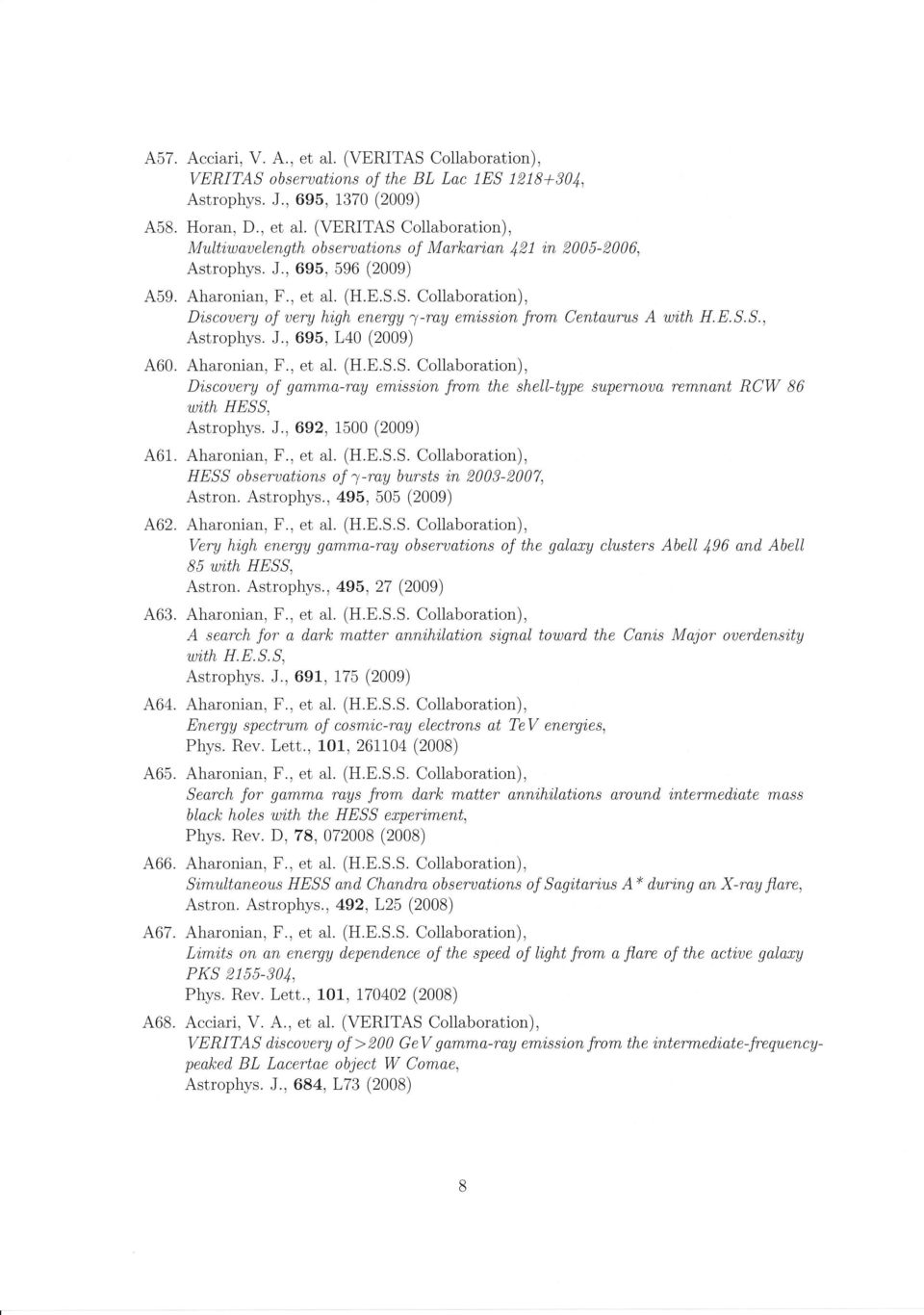 Aharonian, F., et al. (H.E.S.S. Collaboration), Dr,scouery of gamma-ray emi,ss'ion from the shell-type supernoua remnant RCW 86 wi,th HESS, Astrophys. J., 692, 1500 (2009) 4.61. Aharonian, F., et al. (H.E.S.S. Collaboration), HESS obseruat'ions of 1-ray bursts i,n 2003-2007, Astron.