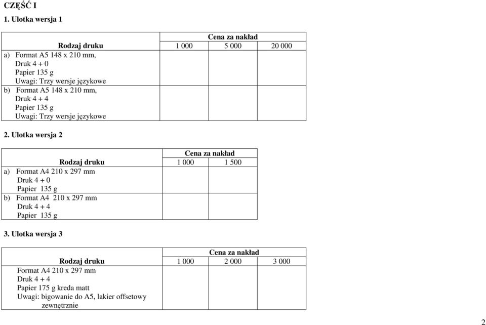 językowe b) Format A5 148 x 210 mm, Papier 135 g Uwagi: Trzy wersje językowe 2.