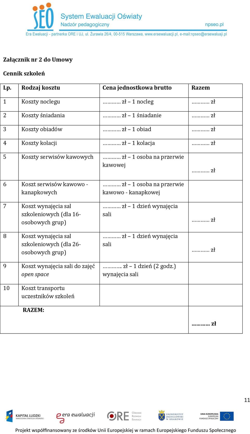 kolacja zł 5 Koszty serwisów kawowych zł 1 osoba na przerwie kawowej zł 6 Koszt serwisów kawowo - kanapkowych 7 Koszt wynajęcia sal szkoleniowych (dla 16- osobowych