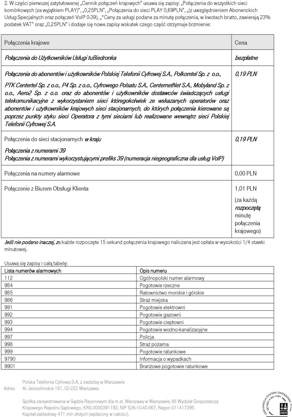 wskutek czego część otrzymuje brzmienie: Połączenia krajowe Połączenia do Użytkowników Usługi tubiedronka Połączenia do abonentów i użytkowników Polskiej Telefonii Cyfrowej S.A., Polkomtel Sp. z o.o., PTK Centertel Sp.