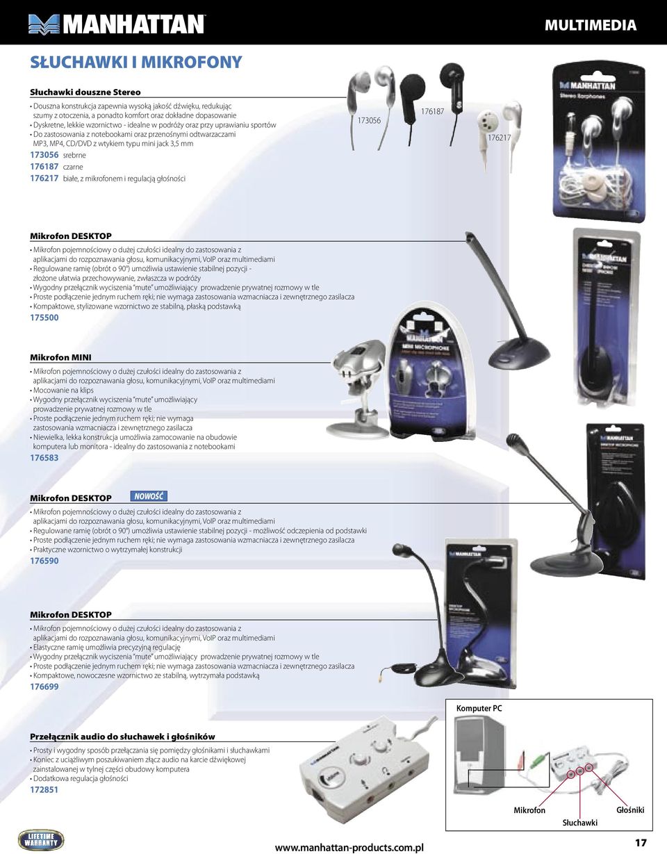 czarne 176217 białe, z mikrofonem i regulacją głośności 173056 176187 176217 Mikrofon DESKTOP Mikrofon pojemnościowy o dużej czułości idealny do zastosowania z aplikacjami do rozpoznawania głosu,