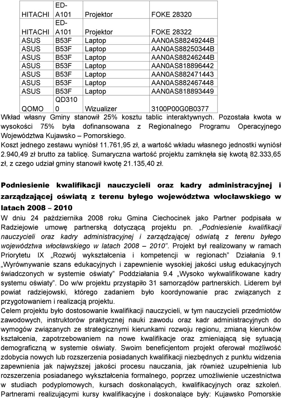 Pozostała kwota w wysokości 75% była dofinansowana z Regionalnego Programu Operacyjnego Województwa Kujawsko Pomorskiego. Koszt jednego zestawu wyniósł 11.