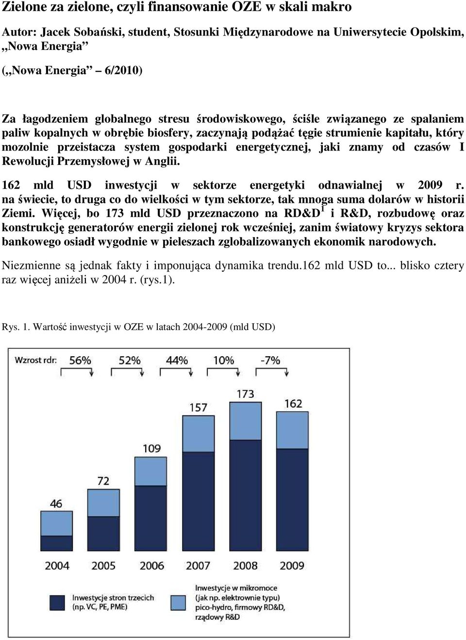 energetycznej, jaki znamy od czasów I Rewolucji Przemysłowej w Anglii. 162 mld USD inwestycji w sektorze energetyki odnawialnej w 2009 r.