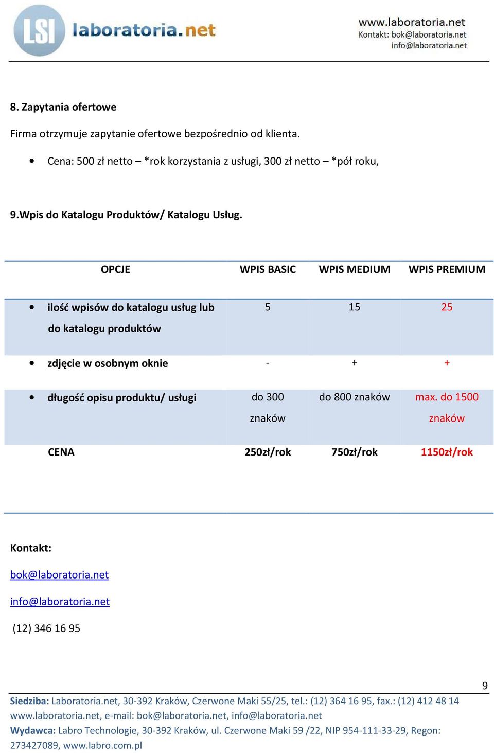 OPCJE WPIS BASIC WPIS MEDIUM WPIS PREMIUM ilość wpisów do katalogu usług lub do katalogu produktów 5 15 25 zdjęcie w osobnym