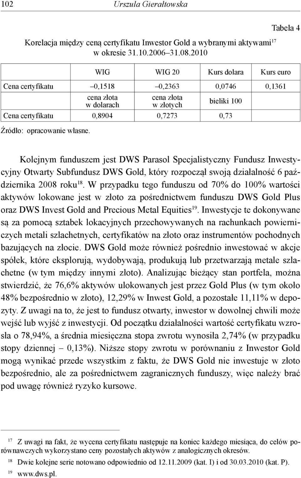 opracowanie własne. Kolejnym funduszem jest DWS Parasol Specjalistyczny Fundusz Inwestycyjny Otwarty Subfundusz DWS Gold, który rozpoczął swoją działalność 6 października 2008 roku 18.