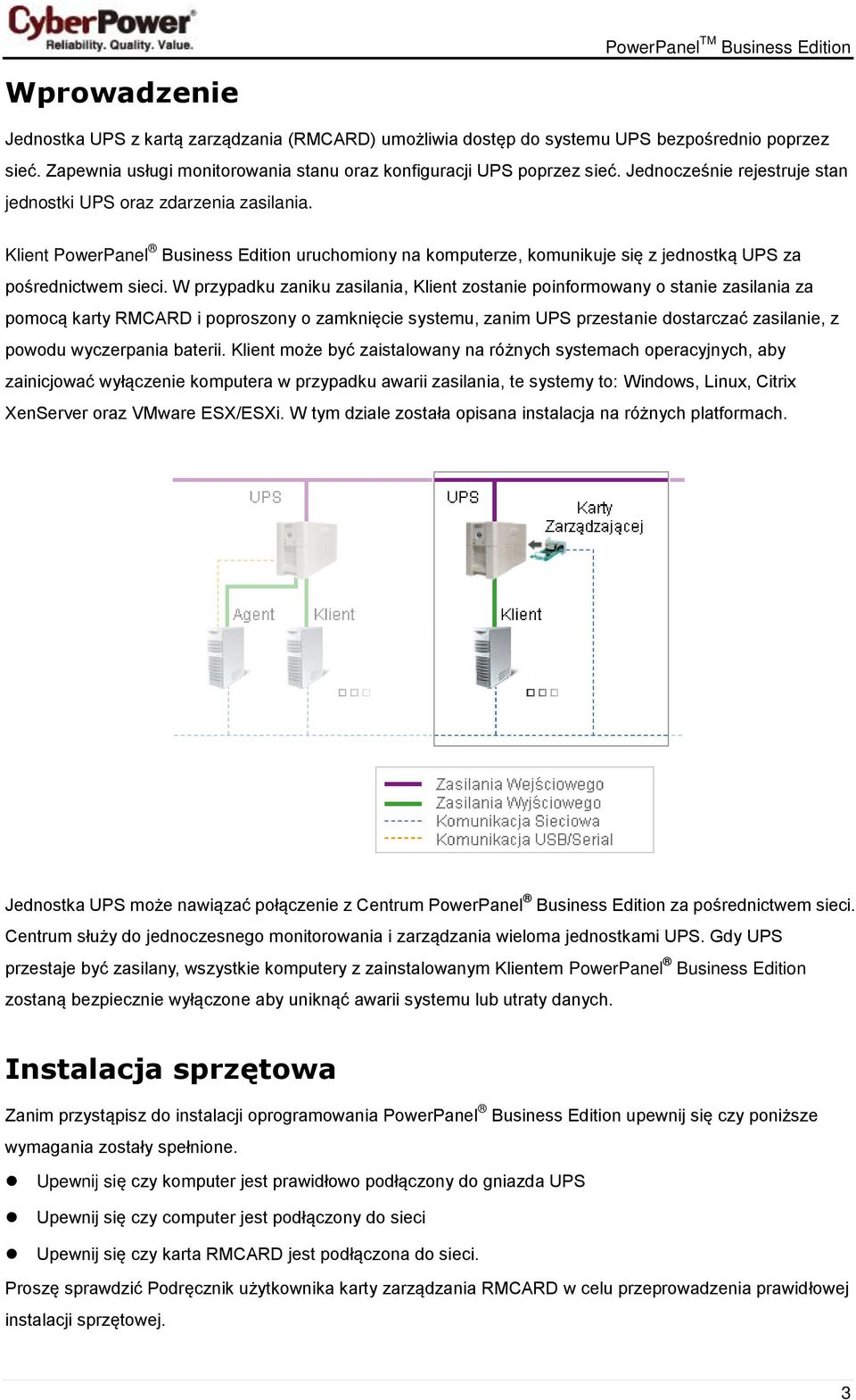 W przypadku zaniku zasilania, Klient zostanie poinformowany o stanie zasilania za pomocą karty RMCARD i poproszony o zamknięcie systemu, zanim UPS przestanie dostarczać zasilanie, z powodu