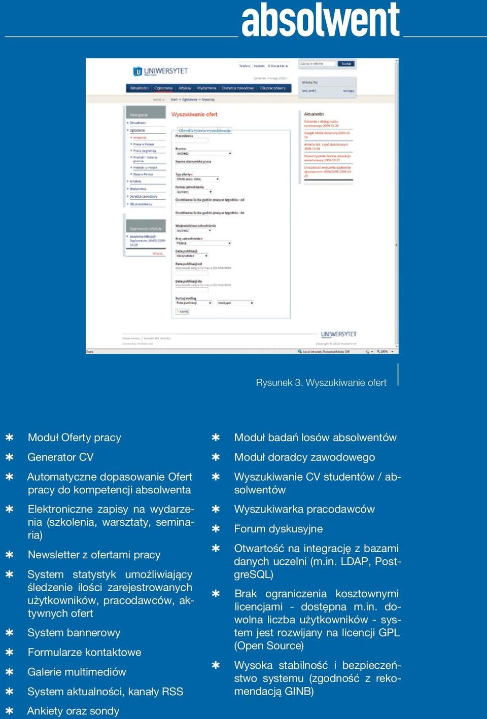 absolwentów Elektroniczne zapisy na wydarzenia (szkolenia, warsztaty, seminaria) Newsletter z ofertami pracy System statystyk umożliwiający śledzenie ilości zarejestrowanych użytkowników,