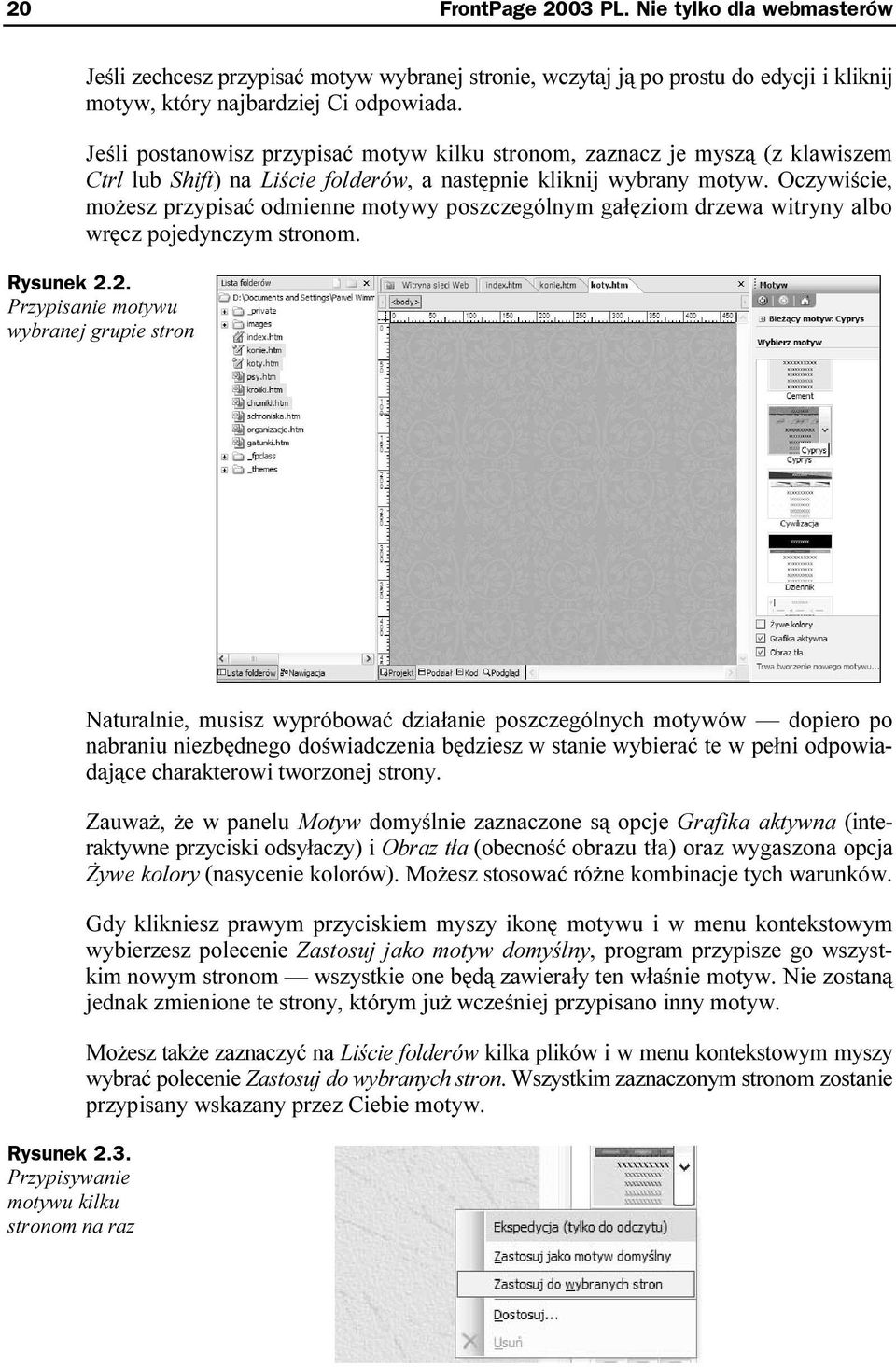 Oczywiście, możesz przypisać odmienne motywy poszczególnym gałęziom drzewa witryny albo wręcz pojedynczym stronom. Rysunek 2.2. Przypisanie motywu wybranej grupie stron Rysunek 2.3.