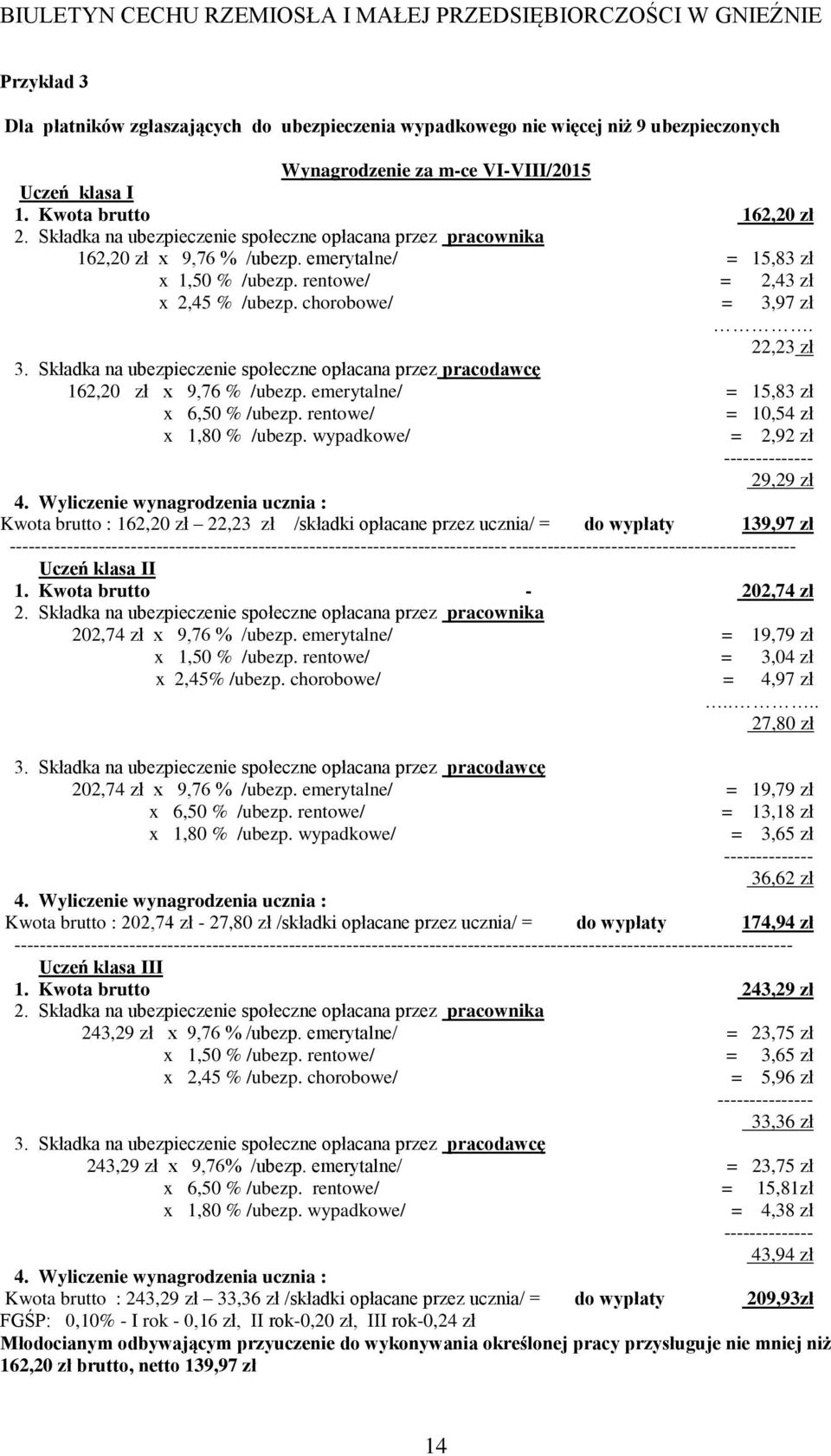 Składka na ubezpieczenie społeczne opłacana przez pracodawcę 162,20 zł x 9,76 % /ubezp. emerytalne/ = 15,83 zł x 6,50 % /ubezp. rentowe/ = 10,54 zł x 1,80 % /ubezp.