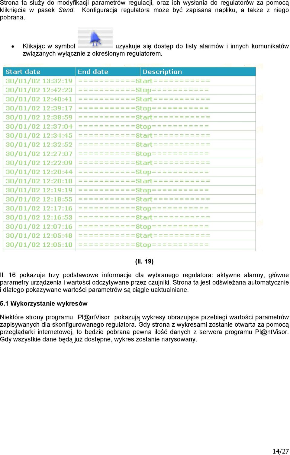 16 pokazuje trzy podstawowe informacje dla wybranego regulatora: aktywne alarmy, główne parametry urządzenia i wartości odczytywane przez czujniki.