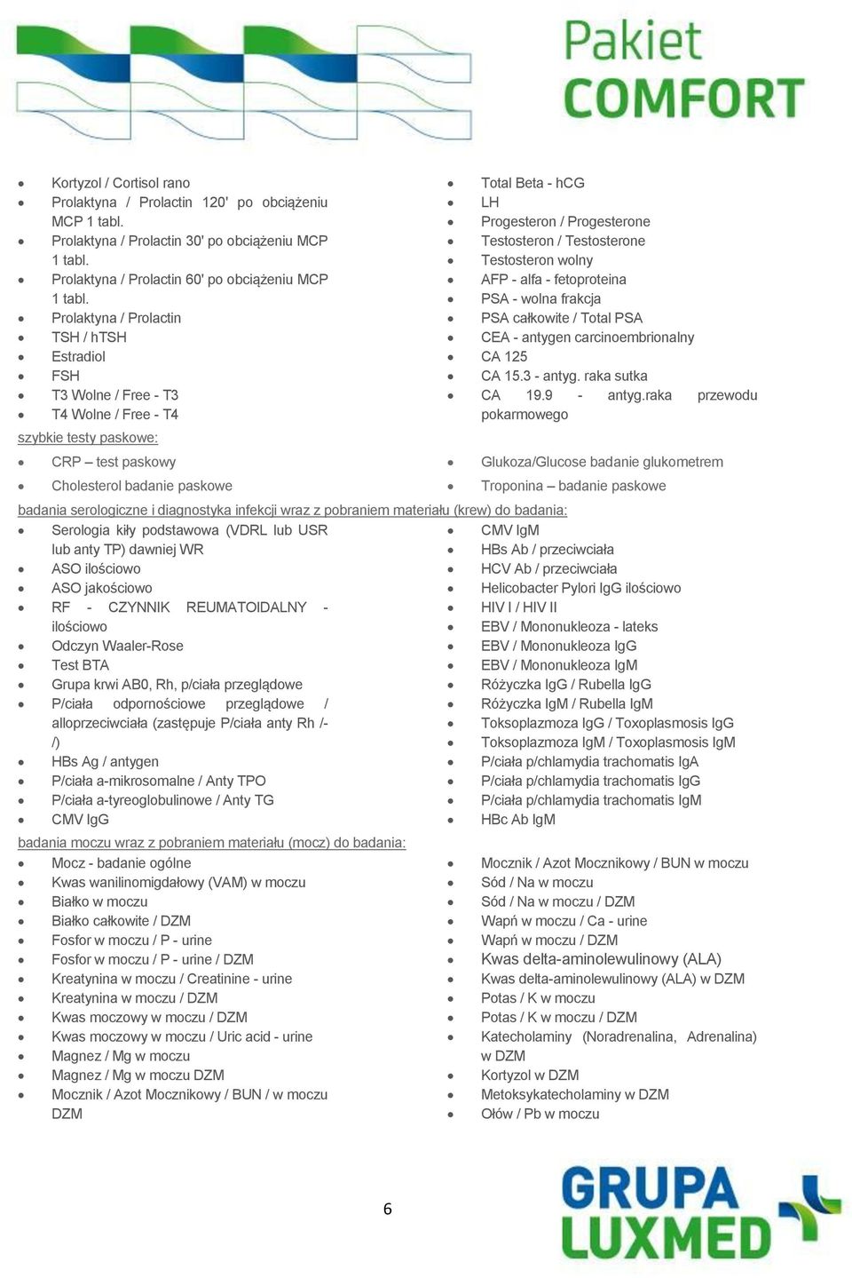 Progesterone Testosteron / Testosterone Testosteron wolny AFP - alfa - fetoproteina PSA - wolna frakcja PSA całkowite / Total PSA CEA - antygen carcinoembrionalny CA 125 CA 15.3 - antyg.