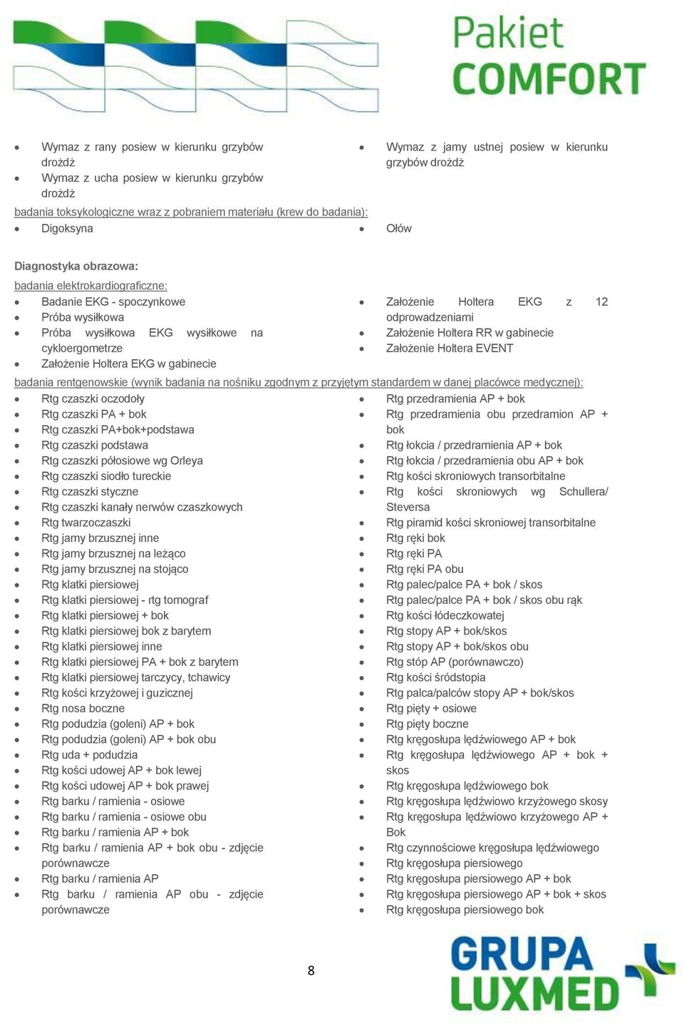 w gabinecie Założenie Holtera EKG z 12 odprowadzeniami Założenie Holtera RR w gabinecie Założenie Holtera EVENT badania rentgenowskie (wynik badania na nośniku zgodnym z przyjętym standardem w danej