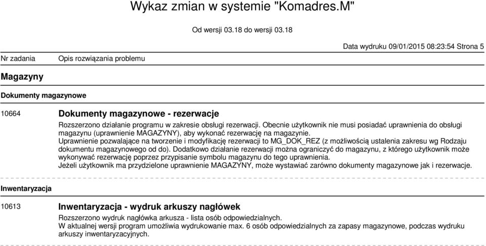 Uprawnienie pozwalające na tworzenie i modyfikację rezerwacji to MG_DOK_REZ (z możliwością ustalenia zakresu wg Rodzaju dokumentu magazynowego od do).