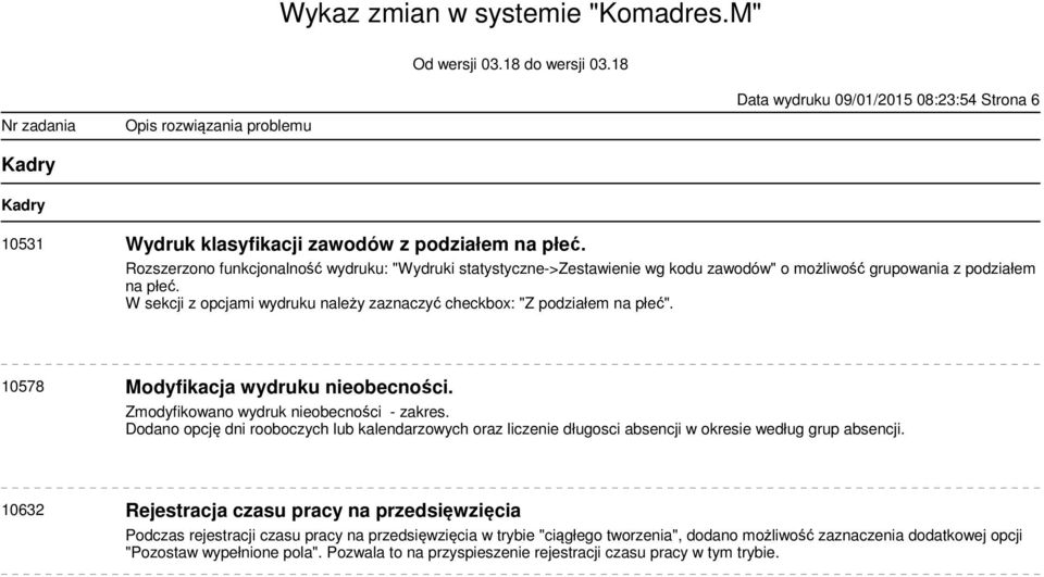 W sekcji z opcjami wydruku należy zaznaczyć checkbox: "Z podziałem na płeć". 10578 Modyfikacja wydruku nieobecności. Zmodyfikowano wydruk nieobecności - zakres.