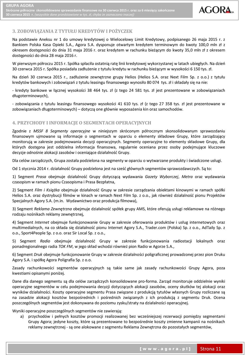 Spółka spłaciła ostatnią ratę linii kredytowej wykorzystanej w latach ubiegłych. Na dzień 30 czerwca 2015 r. Spółka posiadała zadłużenie z tytułu kredytu w rachunku bieżącym w wysokości 6 150 tys. zł.