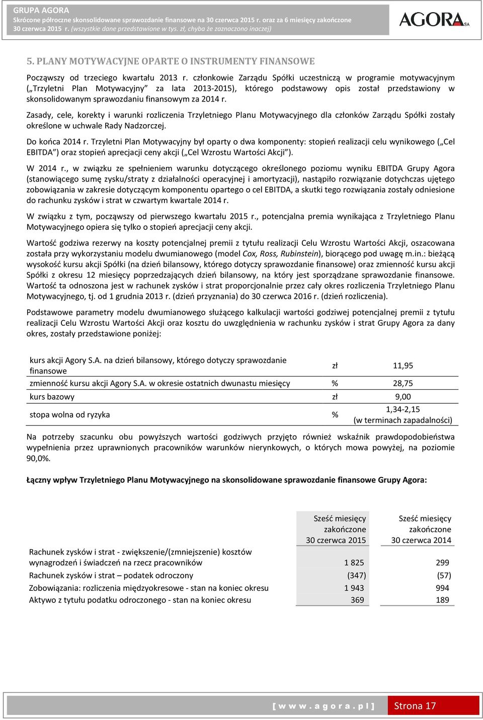 za 2014 r. Zasady, cele, korekty i warunki rozliczenia Trzyletniego Planu Motywacyjnego dla członków Zarządu Spółki zostały określone w uchwale Rady Nadzorczej. Do końca 2014 r.